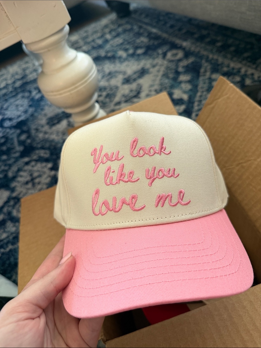 Cream & Pink Embroidered Trucker Hat - "You Look Like You Love Me"